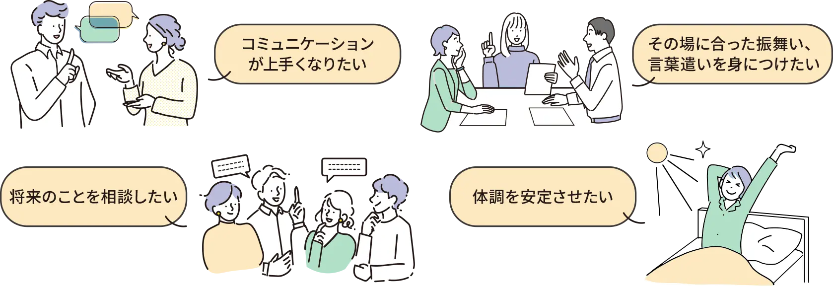 コミュニケーションが上手くなりたい その場に合った振る舞い、言葉遣いを身につけたい 将来のことを相談したい 体調を安定させたい